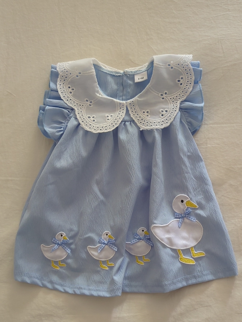 Ducklings Dress With White Eyelet Collar, Size 6m - 9m